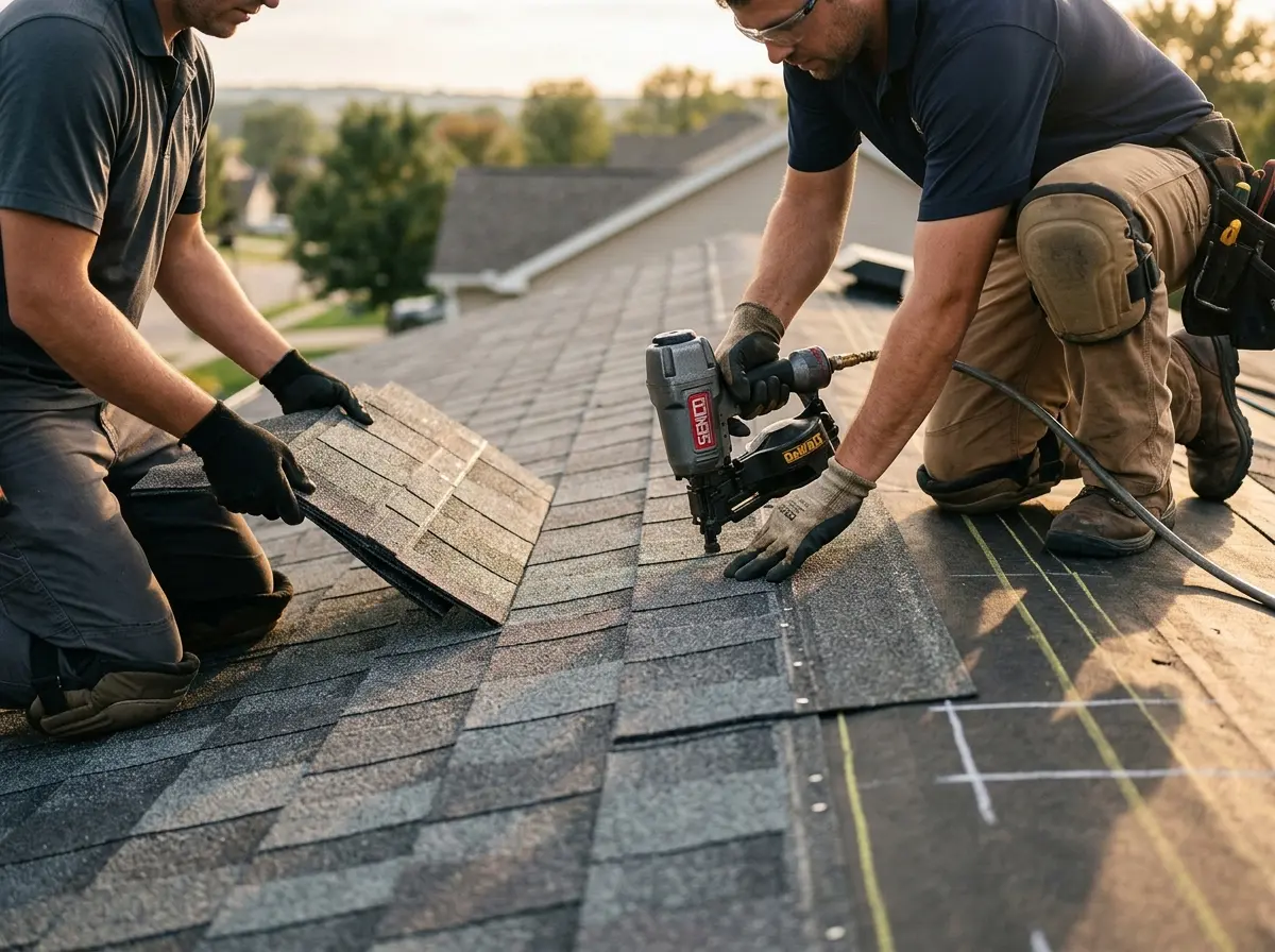 Professional roofer working on a residential roof in Lyon